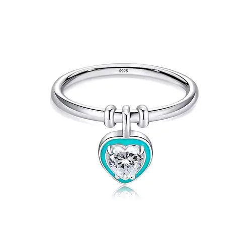 Boutique NEW Platinum Plated S925 Simulated Diamond Teal Heart Charm Ring, Size 6