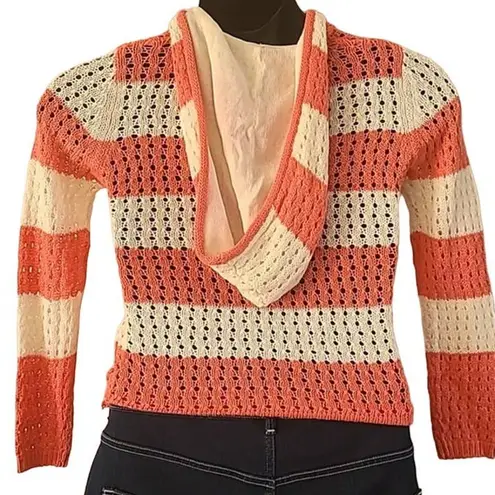 Excellent Pinc Premium Women Coral Cream Striped Knit Hoodie Sweater Size Large Orange