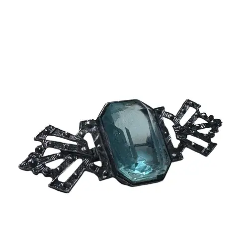 1930s Art Deco Aqua Glass Brooch | Vintage Pot Metal Bar Pin Blue