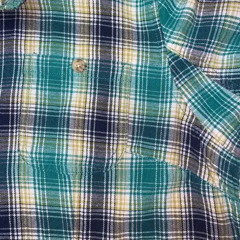 Duluth Trading Co Womens Shirt Top Plaid Button Down Collared Green Blue Large
