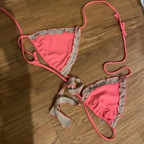 Victoria's Secret Y2K Victoria’s Secret Coral Pink Tan Ruffle Trim Bow Triangle Tie Bikini Top