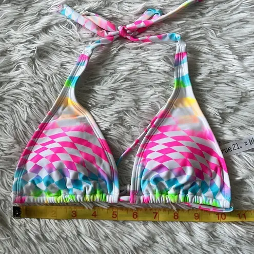 Rue 21 New  Women’s Wavy Neon Checker Print Halter Triangle Swim Top size XS