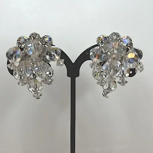 Vintage Laguna clip on earrings faceted clear aurora borealis cascading crystals