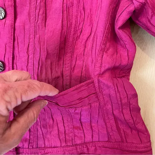 Hearts Of Palm Womens 8P Jacket Fuchsia Crinkle Effect 3/4 Sleeve Button Front Pink