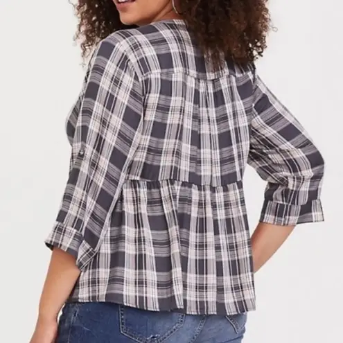 Torrid  Plaid Button-Front Crop‎ Babydoll Blouse in Grey Pink Size 2X