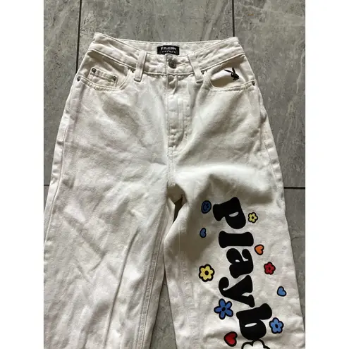 Playboy  by PacSun Cream Distressed Floral Smiley Jeans Size 22
