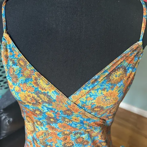 Vintage Hourglass Orange Blue Floral Dress Size L
