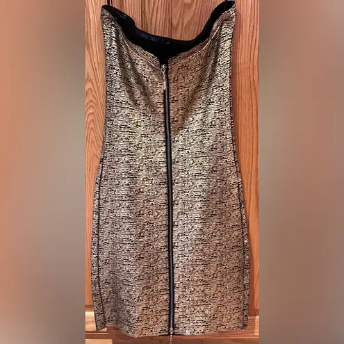 2B Bebe Gold & Black Foil Strapless Bodycon Cocktail Holiday NYE Dress Sz Large
