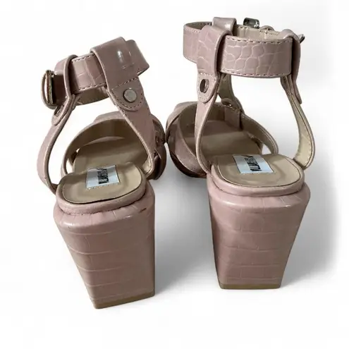 Pink Croc Embossed Heeled Sandals Ankle Strap Buckle Closure Size 10