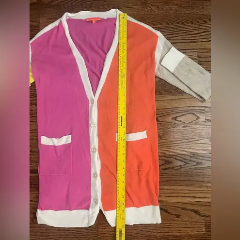 Vilagallo Color Block Long Cashmere Blend Cardigan (Yellow, Pink, Orange) Large Pink