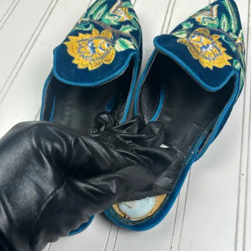 Cape Robbin Teal Velvet Embroidered Pointed Toe Mules Womenโs Size 8.5