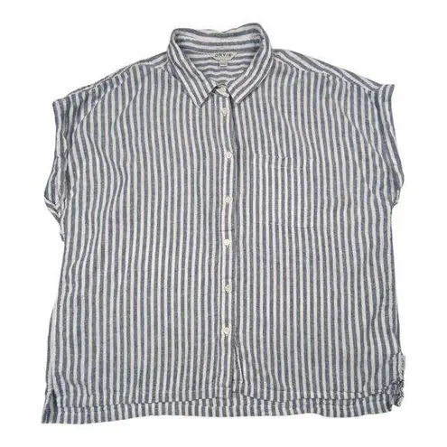 Orvis Linen Blend Womens XL Shirt Blue Striped Coastal Nautical Boat Beach