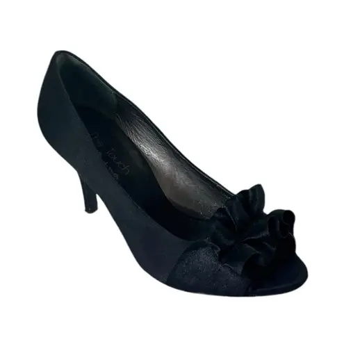 Nina Pump 3 1/2” Heel Black Satin Ruffle Peep Toe Closed Back Women’s Size 7.5M