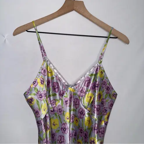 Floral Butter Yellow and Lavender Satin Nightgown Slip Dress Lingerie Chemise Purple Size undefined