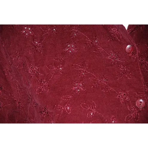 lemon grass Size M Burgundy Red Corduroy Floral Embroidered Button Front Shirt