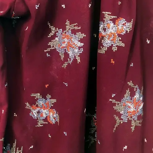 Ro & De Womens Off the Shoulder Peasant Embroidered Sheer Blouse Burgundy Sz M