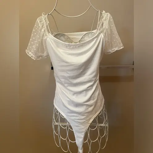 NWT Bodysuit with Sheer Polka Dot Puff Short Sleeves White