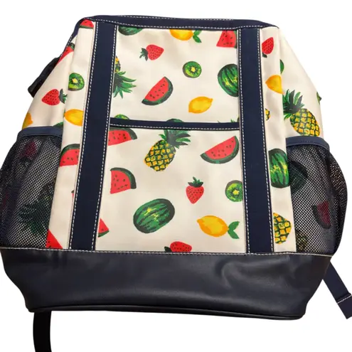 Lands End Large Canvas Coated Fruit Print Backpack Navy Trim Insulated CoolerBag Blue