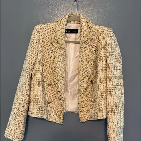 ZARA  Tweed Open Blazer with Fringe