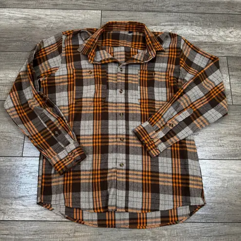 Italian Design Flannel Shirt Plaid Checkered Button Up Long Sleeve L Brown Size L