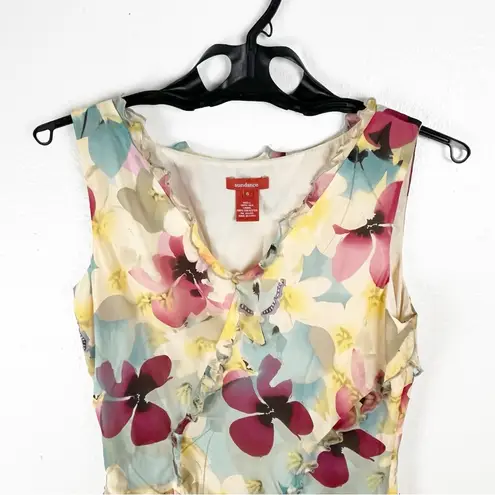 Sundance 100% Silk Floral Ruffle Trim Detail V-Neck Lined Dress Size 6