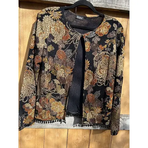 Vintage MSK Womens Floral Metallic Beaded Open Front Cardiganā Top Large Black