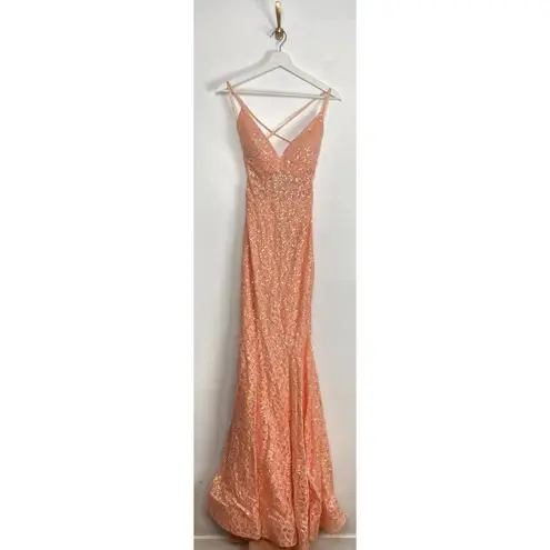 La Femme  Corset Waist Long Sequin-Lace Prom Dress in Peach Size US 8