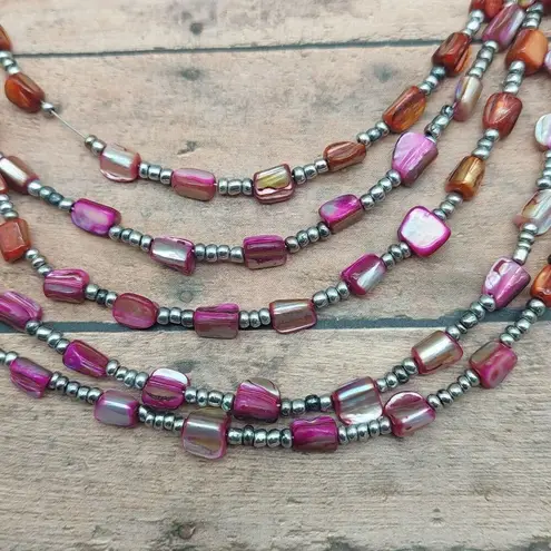 Beachy Silver Tone Pink Dyed Abalone Shell Multi Strand Wire Collar Bib Necklace