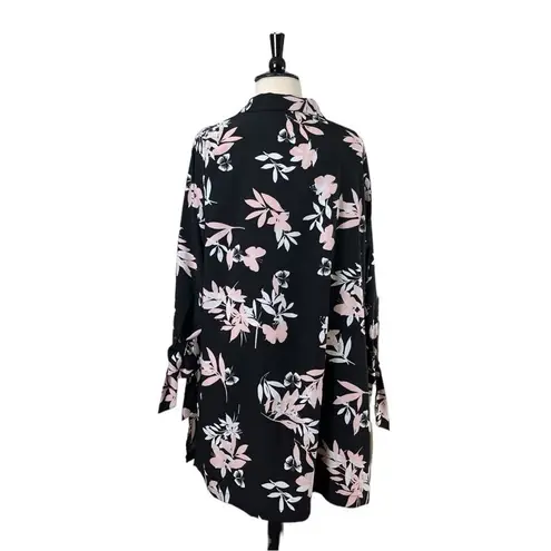 Roz & Ali Long Jacket Open Front Tie Sleeves Black Pink Floral Women’s Plus 3X
