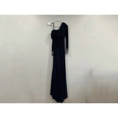 Mac Duggal Ieena 12231A One Shoulder Long Sleeve Jersey Gown SZ 2 Midnight