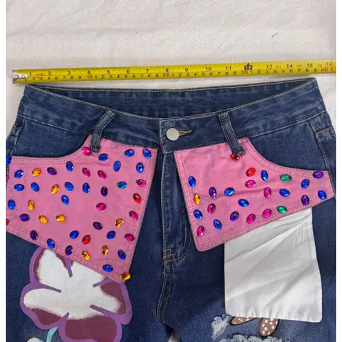 Distressed Jeans Embellished Ripped Denim Colorful Accents Size M/L Blue