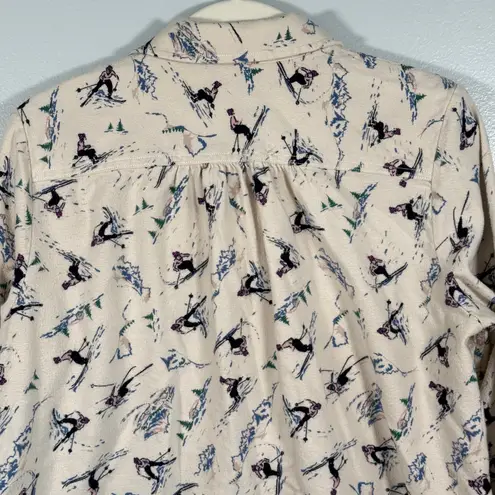 Lands’ End Retro Ski Print Flannel Shirt Womens S Beige Vintage Novelty Winter