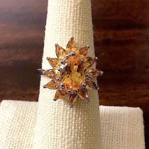 Artisan Faceted Golden Citrine Sterling Silver Flower Shaped Ring Sz 7