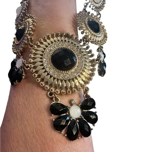 BaubleBar Gold (Faux) Statement necklace With Black White & Rhinestone Trim Floral Motif