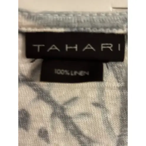Tahari XL Linen T-Shirt Blue White Leaf Print Short Sleeve Casual Top