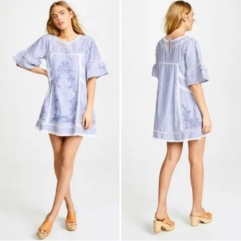 Free People  Sunny Day Striped Embroidered Ruffle Trapeze Mini Dress Blue White