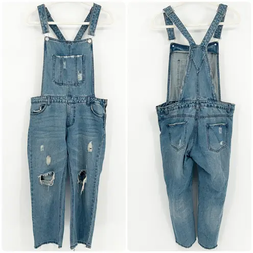 Signatures Womens Work Distressed Denim Jean Straight Leg Overalls Size L Blue Blue