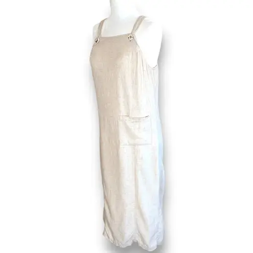 Vintage 90s Petites Linen Blend Beige Midi Dress Pinafore Overall Lightweight Tan Size undefined