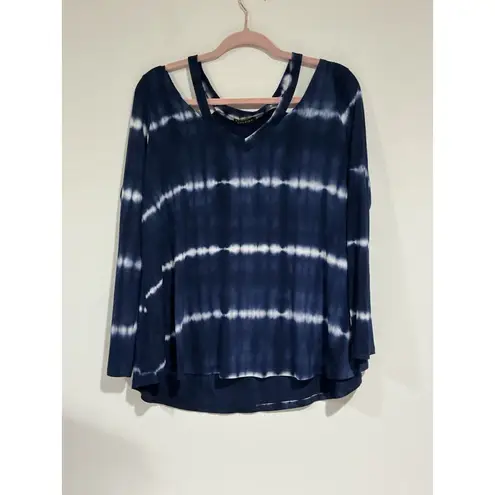 Cherish Womans Medium Blue White Tye Dyed Long Sleeve Cold Shoulder Blouse Flowy
