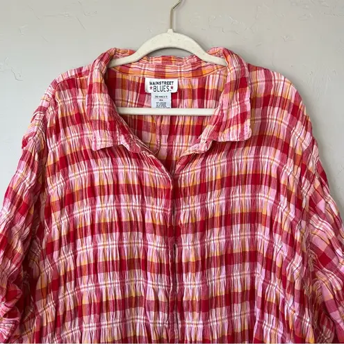 Plaid smocked button up 4x colorful top blouse ruffle feminine gingham cute Pink