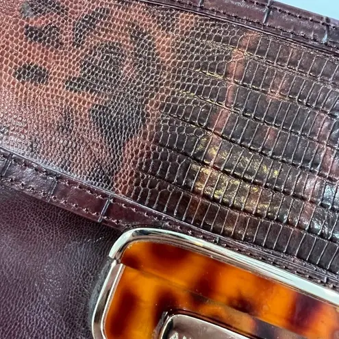 Antonio Melani  NWT Brown Leather Clutch With Tortoise Clasp Green Lining - Image 9