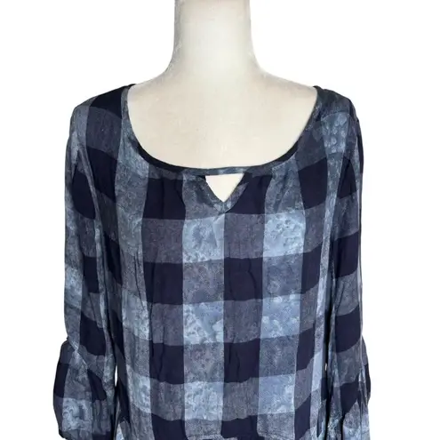One World Plaid Tunic Top Ruffle Hem Medium Blue Bell Sleeves Keyhole Back