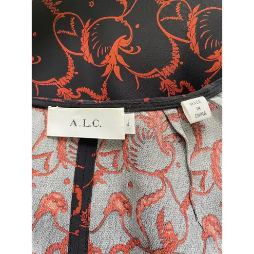 ALC Frank A.L.C. Black Red Paley Silk Midi Dress Zip Front Belted Front Slit Size 4