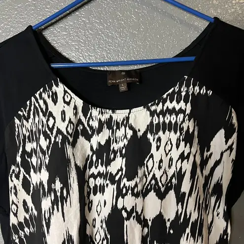 Fenn Wright Manson L Black White Ikat Print Mixed Media Blouse Top