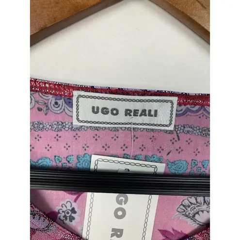 New Ugo Reali MIxed Print Short Sleeve Top Womens Sm? Pink Shiny Paisley France