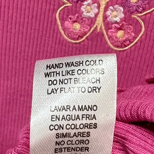 Cut and cropped Baby Tee Womens S Pink Ribbed Embroidered Butterfly Barbie Y2K