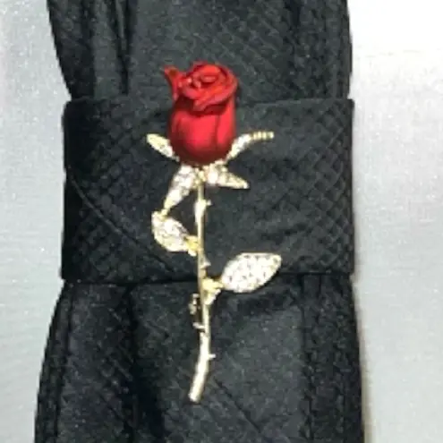 “Dainty Dapper” Elegant Black Tie necklace with Red Rose Pin