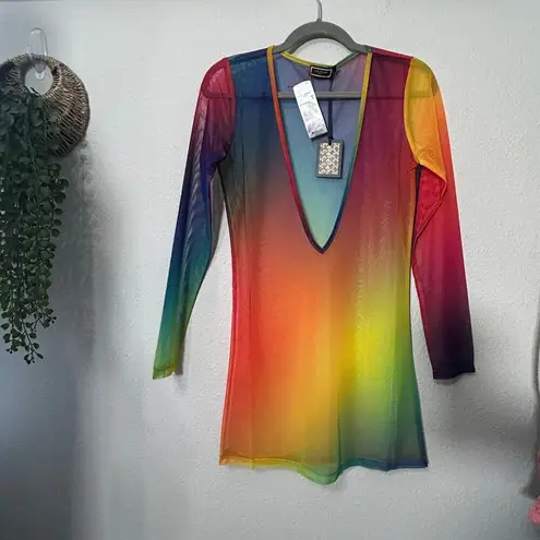 Kurt Geiger NEW London Gradient Mesh V Dress Multicolor Rainbow Small Cover Up