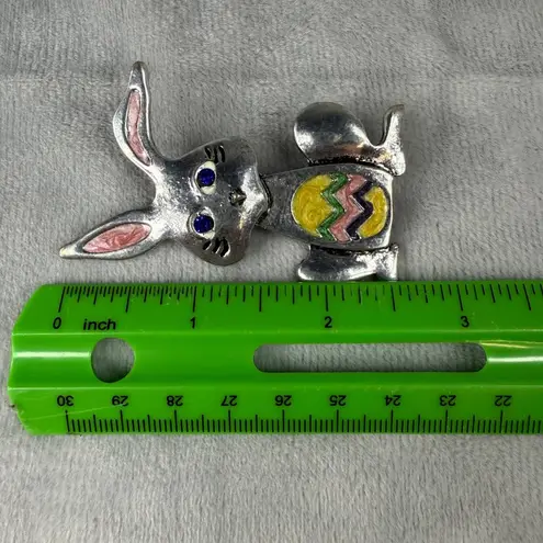 Bunny Rabbit Brooch Pendant Colorful Easter Egg Design Blue Rhinestone Eyes Silver