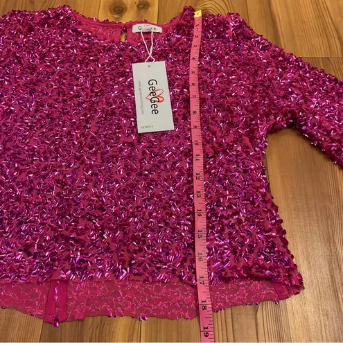 GeeGee Sequin Hot Pink Long Sleeve Crop Top Mesh Lined Medium Stretch Women New